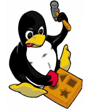 Tux, the Linux Mascot trying to put a square peg in a round hole